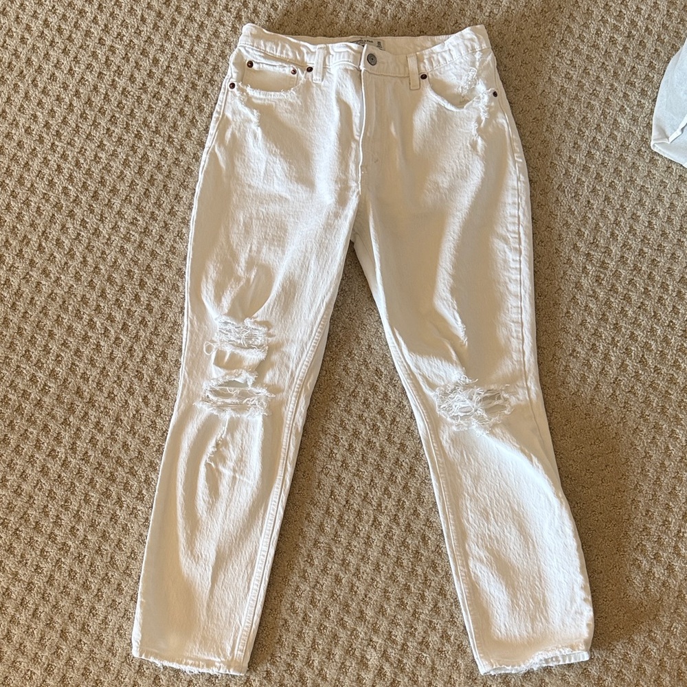 Abercrombie & Fitch White Distressed Straight Leg Jeans